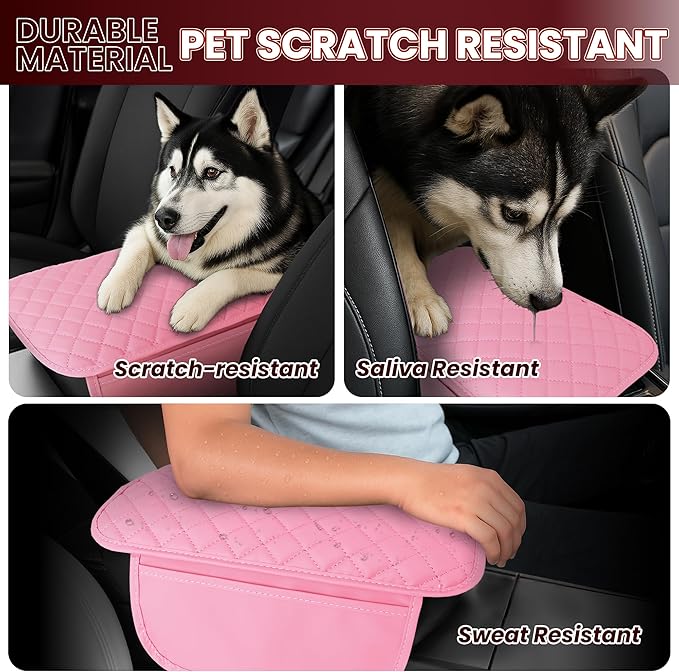 Upgraded Car Center Console Cover with 2 Storage,Arm Rest Covers Armrest Cover for Car, Microfiber Leather Car Armrest Cover Cushion, Universal Car Interior Accessories for Vehicles（Pink Longer）