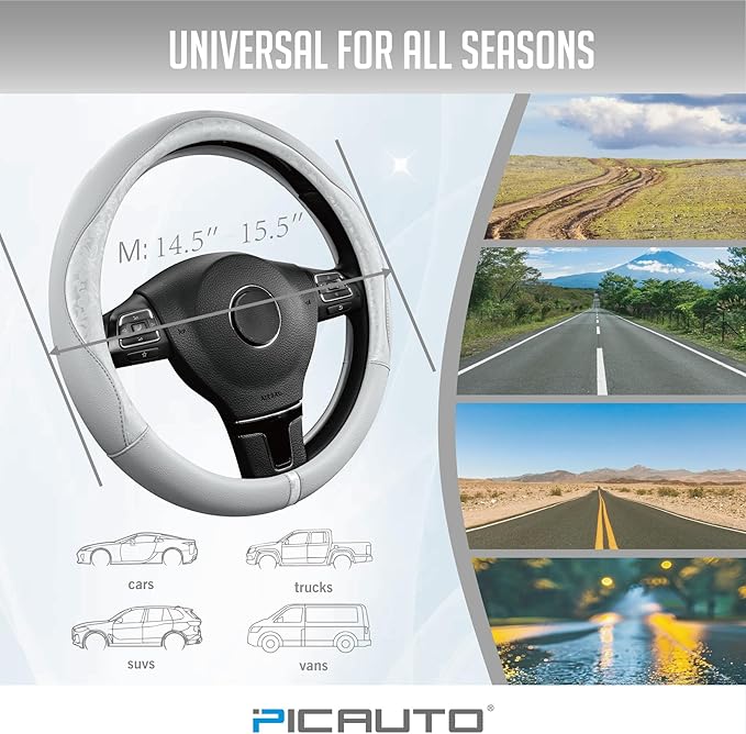 PIC AUTO Steering Wheel Cover, Silver Patterned Leather Patchwork Design, Universal Fit 14.5"–15.5", Anti-Slip, Odor-Free, Soft PU Grain Leather, Durable Grip Car Accessory for Girls & Women