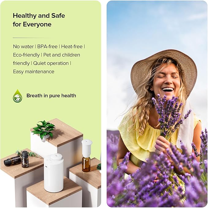 Waterless Essential Oil Diffuser for Car Home Aromatherapy Nebulizing Diffuser Battery Operated 5-20mL Mini Scent Air Machine Up to 600 Sq.Ft. 4 Countdown Timer 3 Mist-Level (ScentBots AN7 Green Lily)