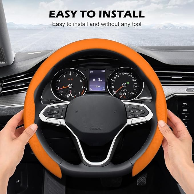 frani Leather Steering Wheel Cover, Universal 15 Inch Premium Non-Slip Steering Wheel Cover Orange