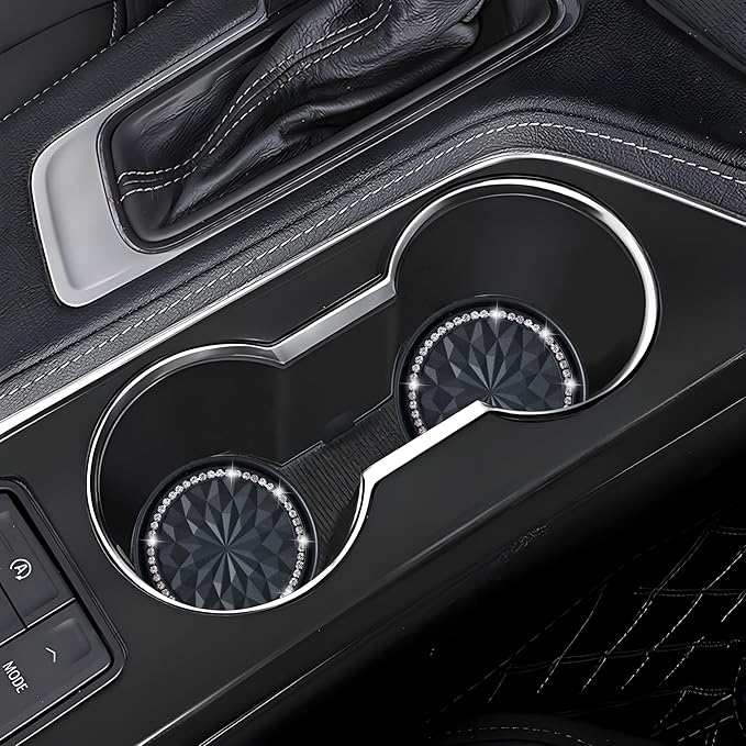 Amooca Car Cup Coaster 4 Pack Universal Non-Slip Cup Holders Insert Coasters Bling Crystal Rhinestone Car Interior Accessories Black Flower