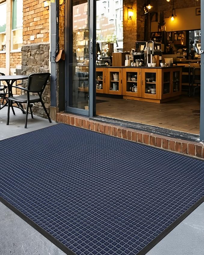 DEXI Front Door Mat Outside Entrance, 4x6 ft Large Rubber Entry Doormat Heavy Duty, Welcome Mats Non Slip for Inside House Floor Entryway Double Doors Exterior Patio, Squares Blue