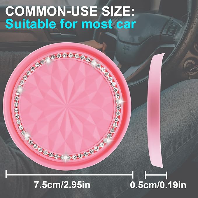 Amooca Car Cup Coaster 4 Pack Universal Non-Slip Cup Holders Insert Coasters Bling Crystal Rhinestone Car Interior Accessories Peach Pink Flower