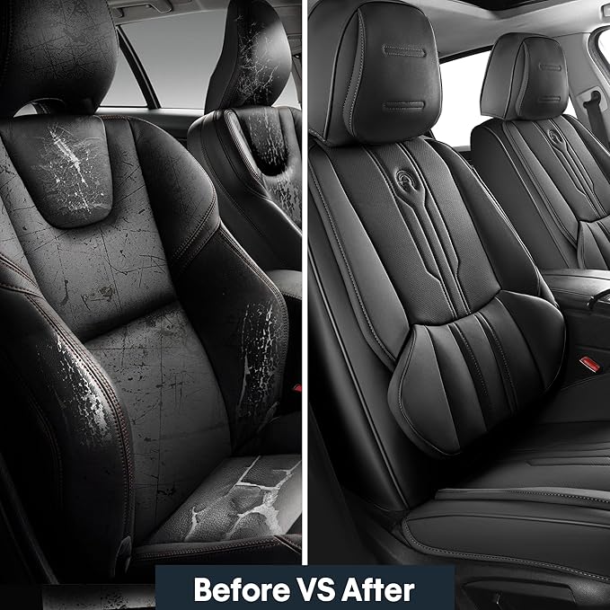 AOOG Front Seat Covers, Car Seat Covers Front Seats, Leather Seat Covers for Cars, Waterproof Seat Covers with Lumbar Support Universal Fit for Most Cars SUV Trucks(Front Pair, Black)