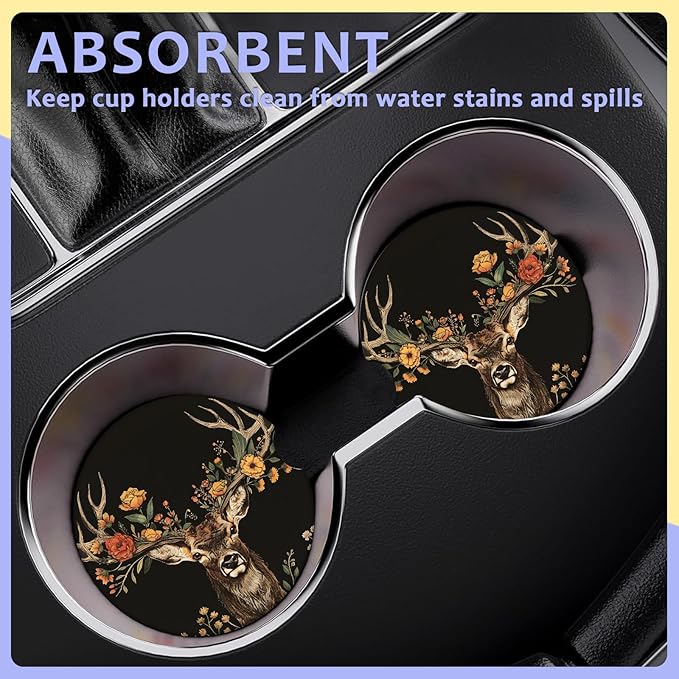 2 Pack Car Cup Holder Coaster-Forest Deer Absorbent Ceramic Coaster,Floral Car Coasters for Cup Holders,Auto Accessories for Women & Men