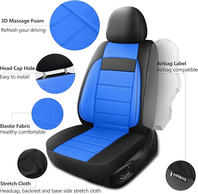 Leather Car Seat Covers Front Seats, 3D Foam Support Car Seat Covers, Universal fit for Trucks Vans SUVs Sedans Automotive Comfortable, Airbag Compatible 2PCS Front, Black+Blue