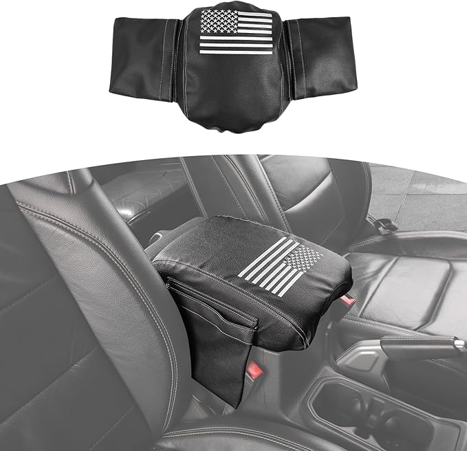 RT-TCZ for Wrangler JL Center Console Armrest Pad Cover with Storage Bag for Jeep Wrangler JL JLU 2018-Present for Gladiator JT 2020-Present American Flag Black Leather
