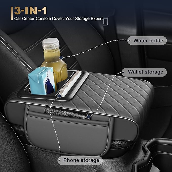 YORKNEIC Upgraded Car Center Console Cover with Cup Holder 2 Storage Bags - Faux Leather Arm Rest Cover Fit for Ford Expedition,Middle Console Cover Multi-Functional Car armrest Cushion(Grey)