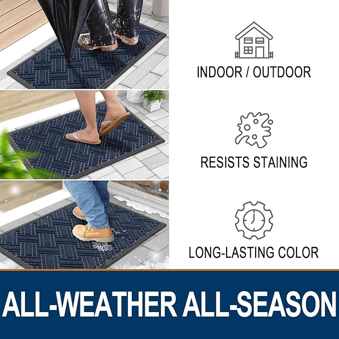 OLANLY Indoor Outdoor Mat, Sturdy Natural Rubber Floor Mat, Non Slip Low Profile Waterproof Doormat, and Stain Front Door Mats, Easy Clean Patio Entrance Mat, 48''x32'', Navy