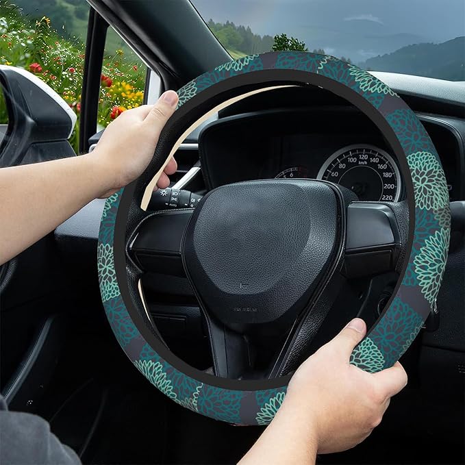 Abstract Green Blue Dahlia Steering Wheel Covers Universal 15 Inch Car Wheel Cover,Anti-Slip Breathable Car Accessories Protector Fit for Trucks,Sedans,SUVs,Vans