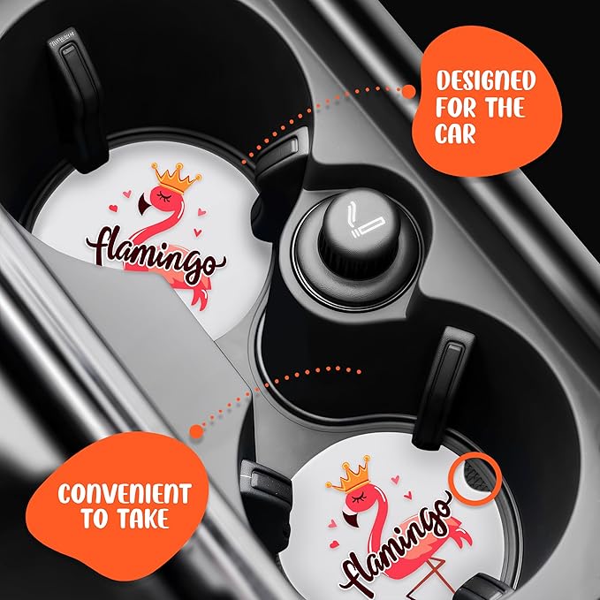 2 Pack Flamingo Car Cup Holder Coaster, Cute Car Interior Accessories Drink Coaster for Women & Men, Flamingo Lovers Themed Gifts Stuff Accessories Things Merchandise Items!