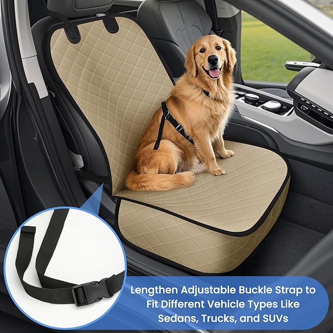 Dog Car Seat Covers, Waterproof Front Seat Cover for Dogs, Scratch-Proof, Nonslip Pet Passenger Seat Cover Protector, Universal Fit for Cars Trucks SUVs, Large Size, Khaki