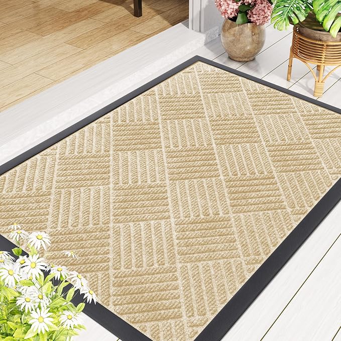 Smiry Front Door Mat Outside Entrance, Heavy Duty Outdoor Indoor Natural Rubber Doormat, Non Slip, Trap Dirt and Moisture, Easy Clean, Low Profile Patio Porch Entryway Mat, 71x23, Beige