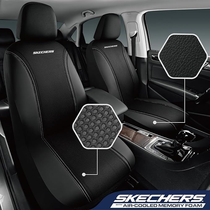 Skechers Memory Foam Seat Covers,Air- Cooled Mesh Thick Car Seat Covers,Leather Front Seat Covers,Airbag Compatible,Automotive Comfort Universal Fit for SUVs,Vans,Sedans,Cars,Trucks,Black