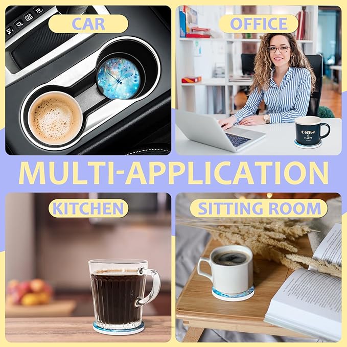 2 Pack Car Cup Holder Coaster-Blue Dragonfly Absorbent Ceramic Coaster,Car Coasters for Cup Holders,Auto Accessories for Women & Men