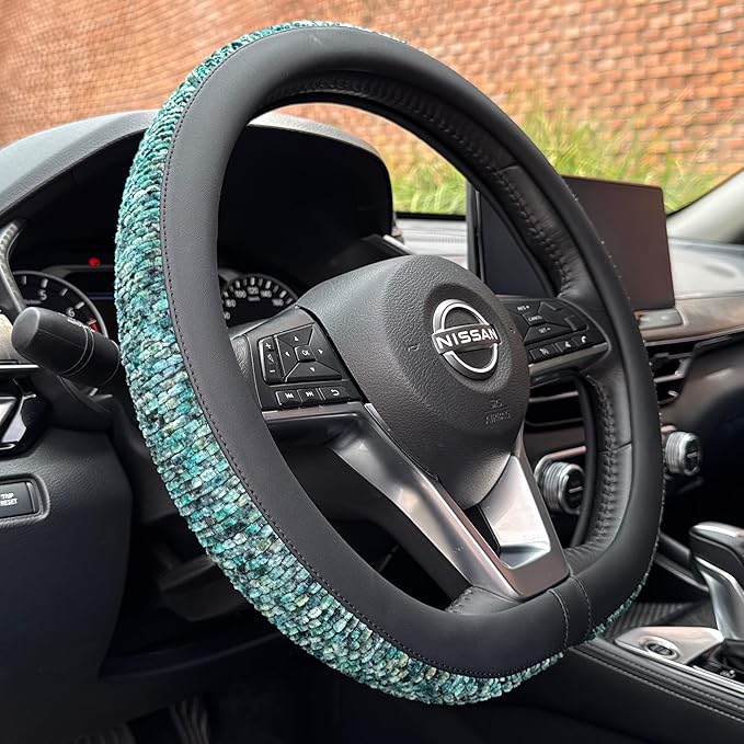 PINCTROT D Shaped Chenille Leather Steering Wheel Cover, Soft Mottled Colors, Sweat-Proof, Non-Slip Grip, All-Season Comfort, Flat Bottom 14.5-15 Inch(Mottled Teal)