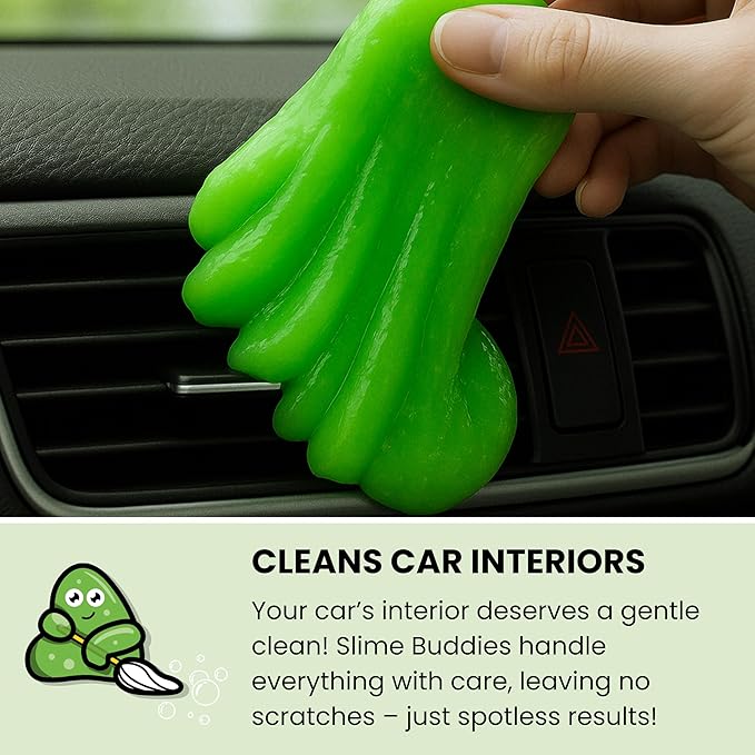 Slime Buddies Cleaning Slime | (3 Pack) 1 Lemon, 1 Apple, 1 Strawberry Scented Car Cleaning Gel | Car Interior, Cup Holder, & Keyboard Detailing Tool | Reusable Putty for Loose Dust & Dirt