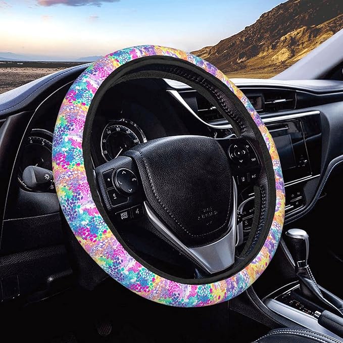 Dujiea Colorful Abstract Animal Texture Elastic Stretch Steering Wheel Cover, Anti-Slip and Durable Car Steering Wheel Accessories for Women Men, 15 Inch Universal Fit Car, Truck, SUV