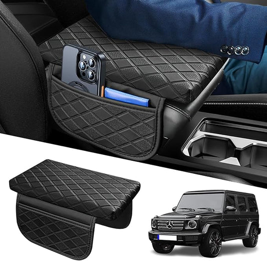 Upgraded Center Console Armrest Cover with Side Pockets, Thickened Leather Car Armrest Cover with 2 Storage Bags, Universal Car Center Console Cover Interior Accessories for Most Vehicles