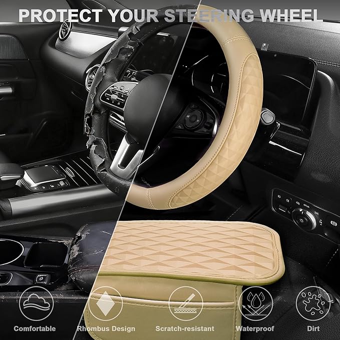 CAR PASS 3D Rhombus Leather Steering Wheel Cover Car Accessories Set, Comfortable Center Console Armrest Cushion with Storage Bags 2 Non-Slip Cup Coasters, 14.5-15in Car Interior Sets, 4 PCS All Beige