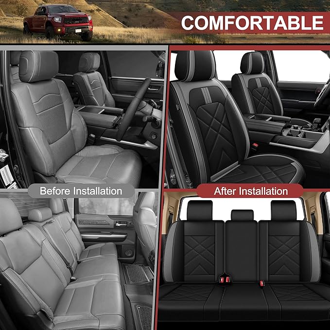 AOMSAZTO Seat Covers Custom Fit for 2022-2025 2026 Toyota Tundra Crewmax Double Cab Breathable Leather Truck Car Seat Covers Full Set (Black&Grey)
