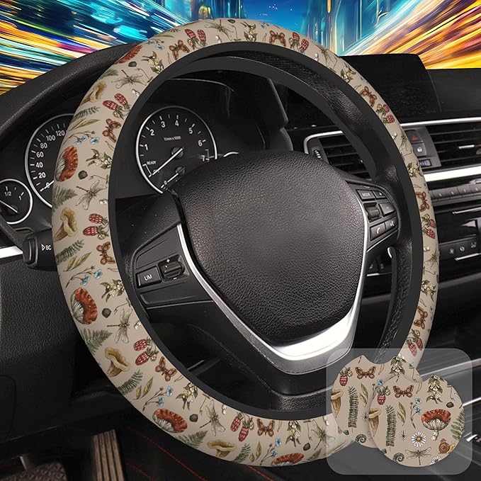 Woodland Fern Mushroom Steering Wheel Cover for Women, Anti-Slip Car Steering Wheel Cover with 2 Pcs Cup Holders Neoprene Breathable Car Accessories Universal 15 Inch Auto Interior Decor