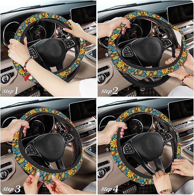 Vintage Groovy Boho Floral Car Steering Wheel Cover for Women Men with 2 Pcs Car Coasters,Universal 15 Inch Steering Wheel Covers Anti-Slip and Practical Auto Accessories Fit Auto,Suvs