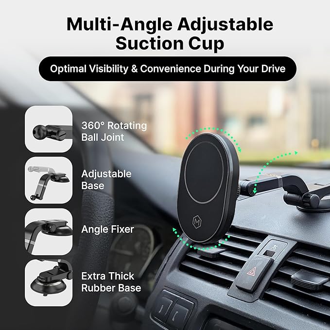 Wireless Car Charger Multi-Angle Adjustable Dashboard/Windshield Mount Smartphones, Magnetic Car Phone Holder, Fast Charging, Universal Dashboard Fit, Gifts for Mom