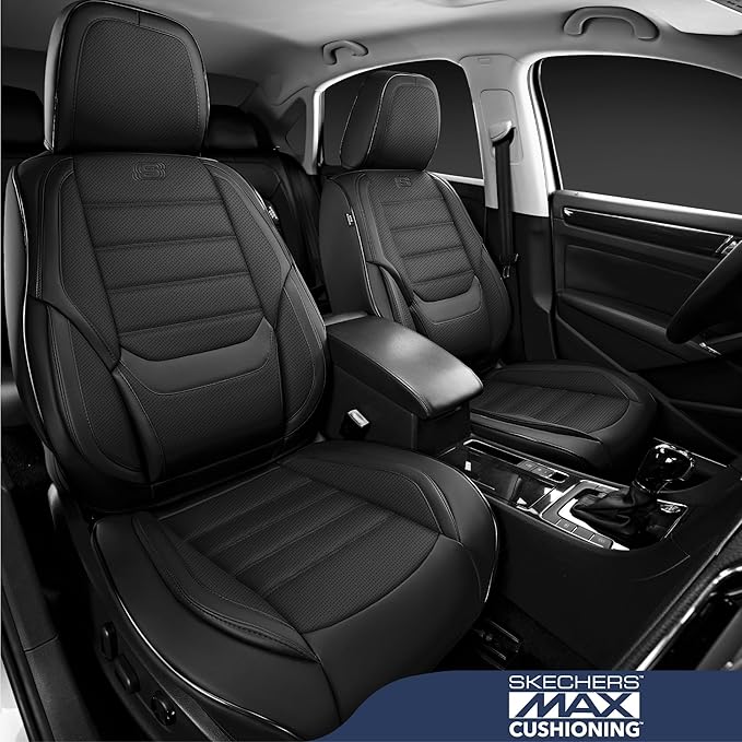 Skechers MAX Cushioning Seat Covers,Memory Foam Leather Car Seat Covers,Waterproof Car Seat Protector Full Sets,Car Seat Cushion Airbag Automotive Universal Fit for Most Cars,Vans,Trucks,SUV,Black