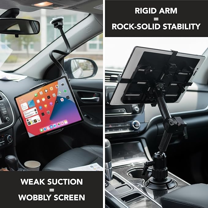Mount-It! Premium Cup Holder Tablet Mount for Cars, Trucks, SUVs - Commercial Tablet ELD Mount - Heavy Duty Carbon Fiber Full Motion Arms, Adjustable Base, Universal Bracket Fits iPad and Samsung