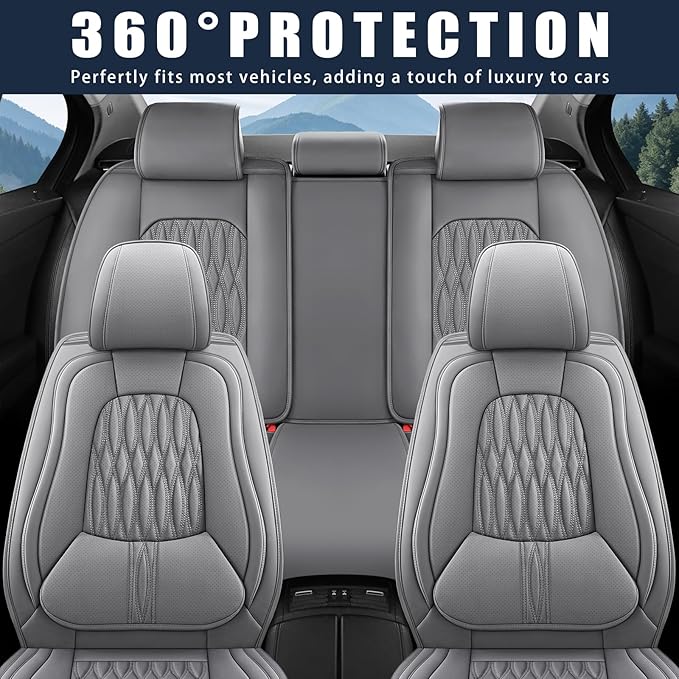 WELLDO Car Seat Covers Full Set, Premium Nappa Leather Seat Covers for Car, Waterproof Car Seat Protector with Lumbar Support, Automotive Seat Covers Universal Fit for Most Cars SUV Truck,Gray,w02.