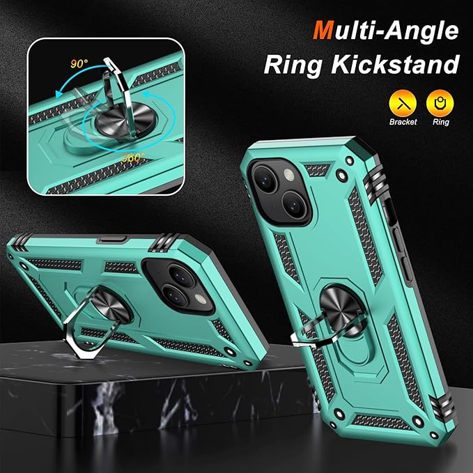 IKAZZ for iPhone 13 Case 6.1 Inch with Screen Protector,Military Grade Shockproof Heavy Duty Protective Phone Cover Pass 16ft Drop Test with Magnetic Kickstand Car Mount Holder,Turquoise