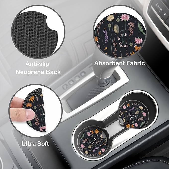 Wildflowers and Butterflies Steering Wheel Cover for Women, Anti-Slip Car Steering Wheel Cover with 2 Pcs Cup Holders Neoprene Breathable Car Accessories Universal 15 Inch Auto Interior Decor