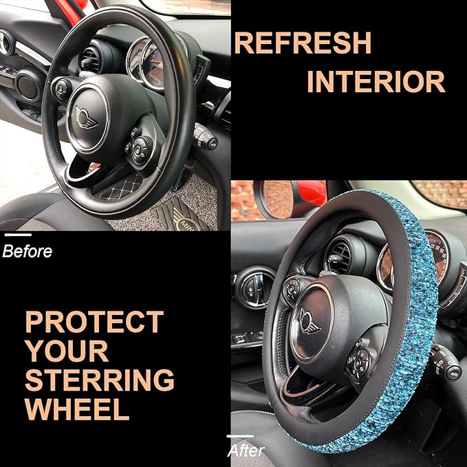 PINCTROT Chenille Leather Steering Wheel Cover, Soft Mottled Colors, Sweat-Proof, Non-Slip Grip, All-Season Comfort, Universal 14.5-15 Inch(Mottled Blue)