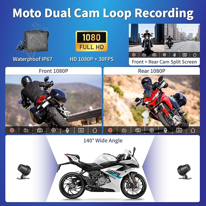 Motorcycle CarPlay Screen 7", Waterproof GPS Display for Motorbike, Wireless CarPlay & Android Auto para Moto, Dual Bluetooth, Touchscreen, Music Sharing Siri (7" CarPlay + Dual Camera)