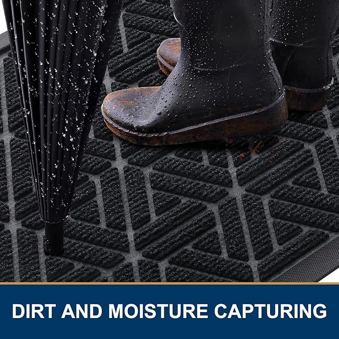 Smiry Front Door Mat Outside Entrance, Heavy Duty Sturdy Natural Rubber Doormat, Trap Dirt and Moisture, Easy Clean Low Profile Mats for Indoor Outdoor Entry, Grid Geometric (59x35, Black)