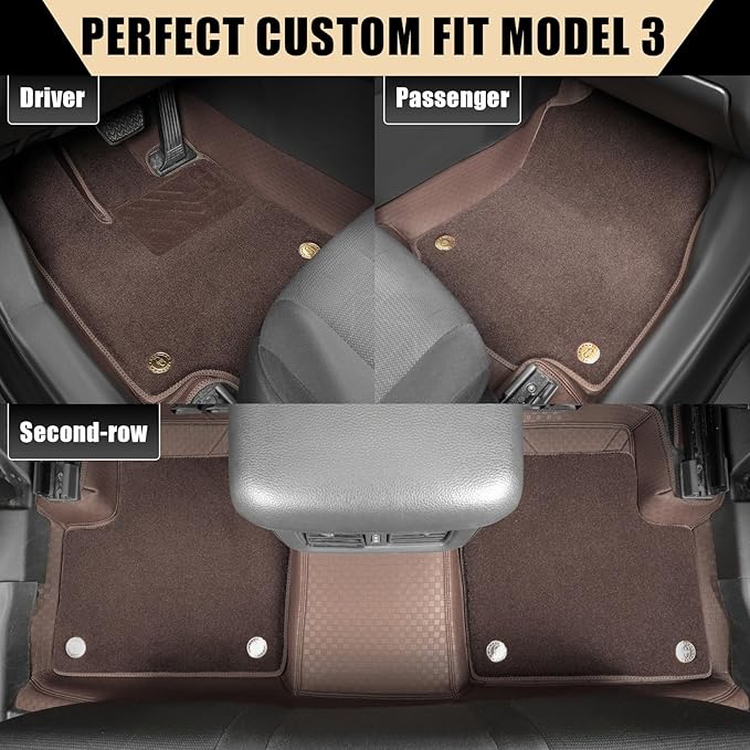 EKR Custom Floor Mats for Tesla Model 3 2017-2023, Front & 2nd Row Luxury Double Layer Car Floor Mat Liner Fit Model 3 2017 2018 2019 2020 2021 2022 2023 - Leatherette Plus Carpet (Brown)