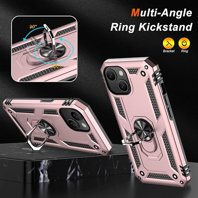 IKAZZ for iPhone 14 Plus Case 6.7 Inch with Screen Protector,Military Grade Shockproof Heavy Duty Protective Phone Cover Pass 16ft Drop Test with Magnetic Kickstand Car Mount Holder,Rose Gold
