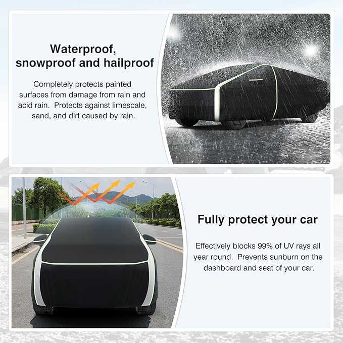 Upgrade 420D Car Cover for Tesla Cybertruck 2024 2025 2026, Waterproof All Weather Car Covers for Cybertruck Accessories, Outdoor Car Cover UV Protection with Zipper Door & Reflective Safety Strips