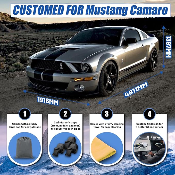[2025 Upgrade] Car Cover Custom Fit for Ford Mustang Sedan (1994-2025), Chevy Camaro (2010-2025), Waterproof All Weather for Automobiles Full Exterior Cover Rain Sun Snow UV Protector.