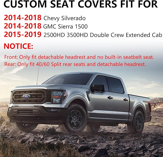 Truckiipa Custom for Chevy Silverado 1500 Seat Covers FullSet Leather Truck Seat Cover Fit for 2014-2018 Chevy Silverado GMC Sierra 1500, 2015-2019 2500HD 3500HD Double Crew Extended Cab,Full Set,Grey