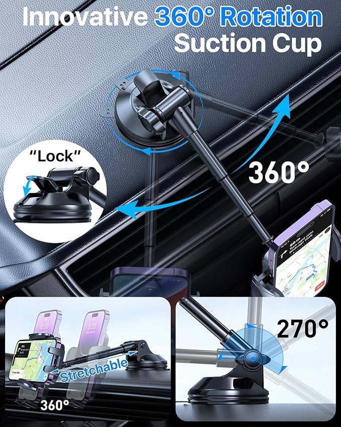 HTU [2025 True Military-Grade] Car Phone Holder [Upgraded Strongest Suction & Clip] Cell Phone Mount for Dashboard Windshield Vent,Truck Cradle Stand for iPhone 16 Pro Max Samsung Android (Black)