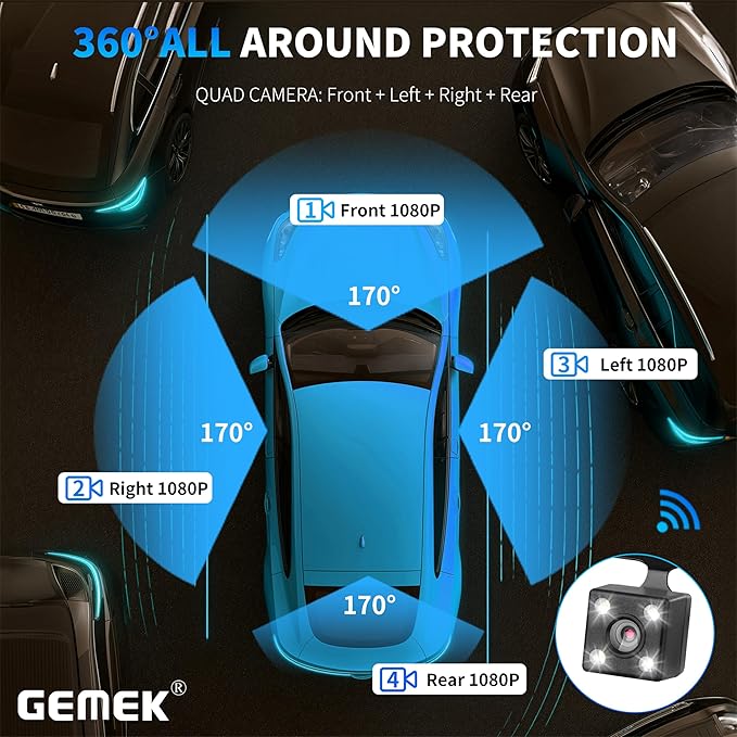360 Degree View 4 Channel Dash Cam 5G WiFi & App Control, GEMEK 2K Front and Rear Inside, Left and Right Dash Camera for Cars, Free 64GB TF Card, G-Sensor, Night Vision, 24-Hour Parking Mode