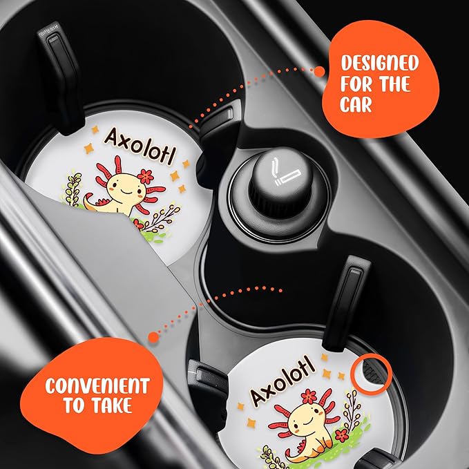 2 Pack Axolotl Car Cup Holder Coaster, Cute Car Interior Accessories Drink Coaster for Women & Men, Axolotl Lovers Themed Gifts Stuff Accessories Things Merchandise Items!