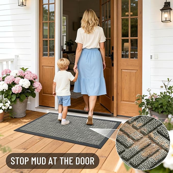 OLANLY Front Door Mat Outside Entrance 71x47, Absorbent, Heavy Duty Sturdy Natural Rubber Doormat Indoor Outdoor, Non-Slip, Stain and Fade Resistant, Low Profile Floor Mat for Entryway, Modern Gray