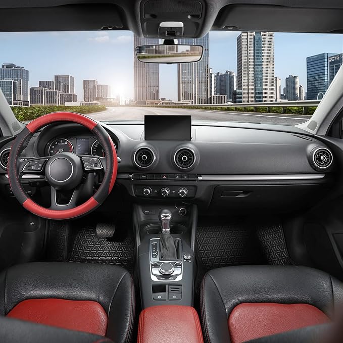 SEG Direct Car Steering Wheel Cover Universal Standard Size 14.5-15 inch, Black and Red Microfiber Leather