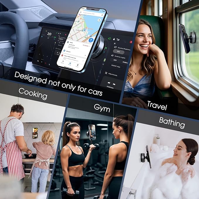360° Rotatable Vacuum Magnetic Phone Holder, Adjustable Hands-Free Suction Cup Car Phone Mount for Car/Gym/Mirror/Smooth Surface, Compatible with iPhone Android and All Smartphones