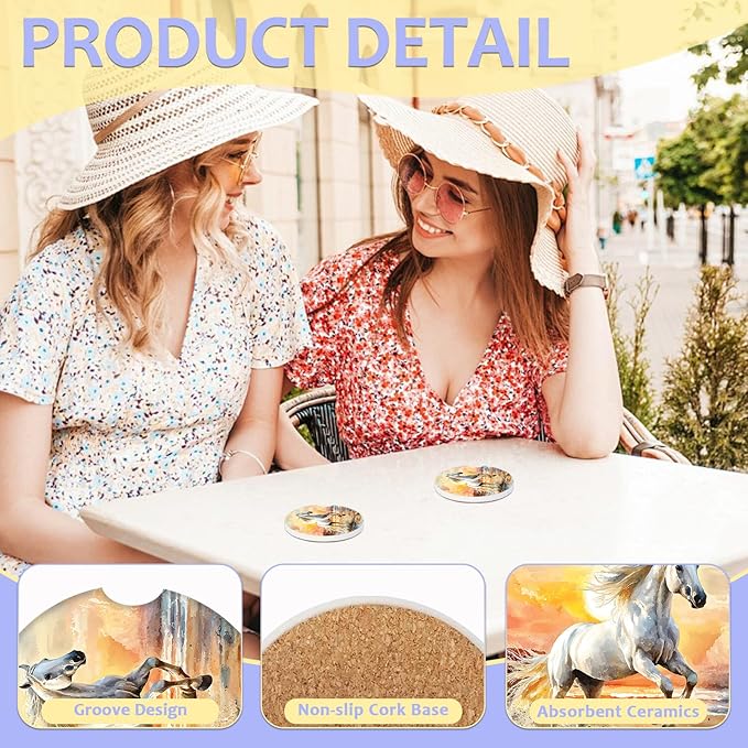 2 Pack Car Cup Holder Coaster-White Horse Running Absorbent Ceramic Coaster, Car Coasters for Cup Holders,Auto Accessories for Women & Men