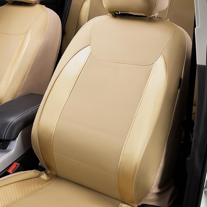 Flying Banner car seat Covers Protects Water Proof Faux Leather Carbon Fiber Fronts Golden Beige (Beige Golden, Front Pair)