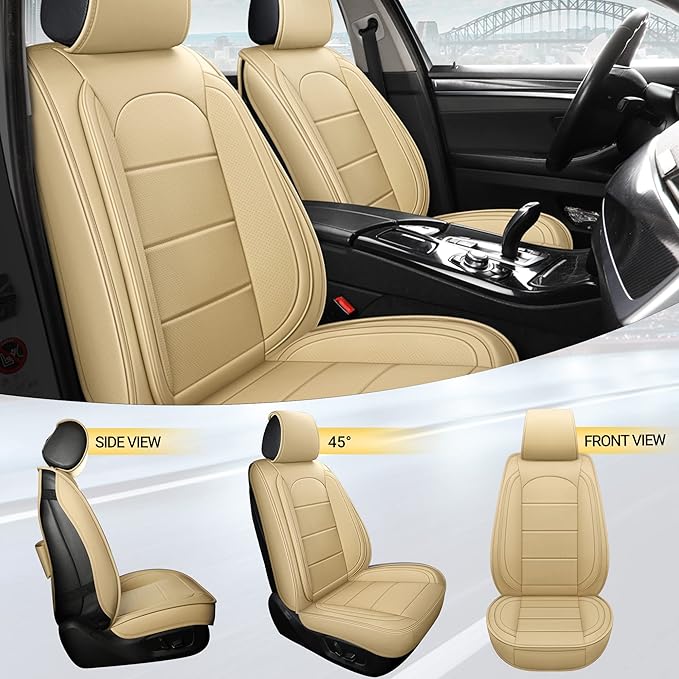 AOOG Leather Car Seat Covers with Car Backseat Organizer, Universal fit Automotive Vehicle Most Sedan SUV Pick-up Truck (Full Set, Beige)
